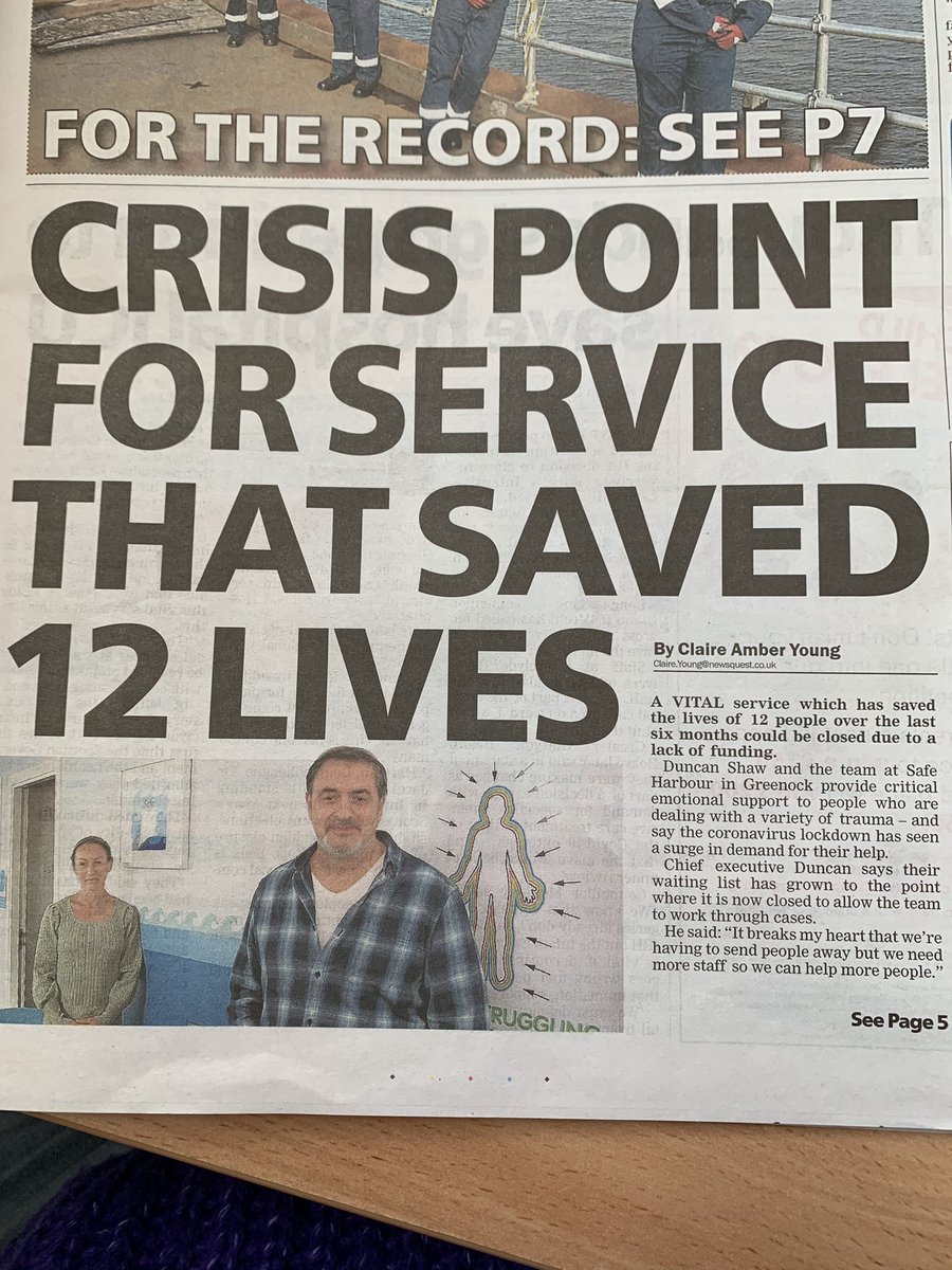 safeharbourinv's tweet image. Safe Harbours Sandrine and Duncan front page of today’s @greenocktele 

Read our CEO Duncan talking about the struggles a small service in inverclyde faces and his hopes for support from our local authorities in the future #emotionalwellbeing