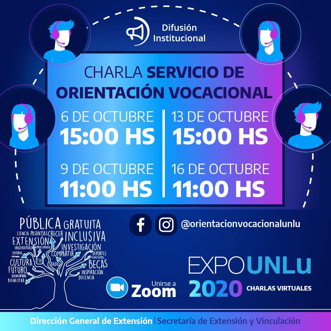📌​ Expo UNLu 6 de octubre Servicio de Orientación Vocacional  #ExpoUNLu
📅 1 al 16 de octubre
➡️Link de inscripción para las Charlas: 
bit.ly/33GXVjA
🗓 6 de octubre a las 15 hs.
🗓 9 de octubre a las 11 hs.
🗓 13 de octubre a las 15 hs.
🗓 16 de octubre a las 11 hs.