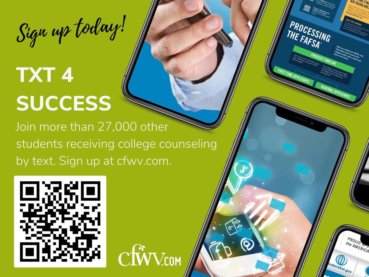 Attention high school seniors and college freshmen! Join more than 27,000 other students who have opted into WV’s Txt 4 Success college counseling program. #collegeboundwv