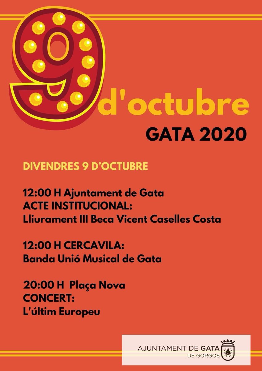 És una alegria molt gran poder tornar als escenaris, i més un dia tant important per a la nostra gent com és el 9 d’Octubre. Gràcies a l’Ajuntament de Gata per confiar en nosaltres 🧡Per poder assistir al concert cal reservar cadira a través de l’Ajuntament de Gata! Vos esperem!