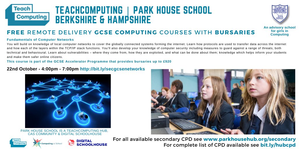 HubPHSNewbury's tweet image. Join our FREE remote🌙 twilight 🌙GCSE Networks CPD - 22nd Oct
Book here: bit.ly/secgcsenetworks
Find out about all our courses for secondary at parkhousehub.org/secondary
#gcsecs #networks #compsci 
@PHSNewbury @chilterntsa @ExcaliburTSA @GreenLightTSA @WhiteHorseFed @HarrisFed