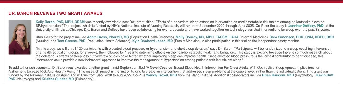 Kelly Baron, PhD, MPH, DBSM (@kellybaronphd) on Twitter photo Some really great news to share- 2 (!!) of my projects were funded by NIH this fall with my co-PIs Jenna Duffecy and <a href="/wendytroxel/">Dr. Wendy Troxel</a> . I'm so excited to work with these outstanding teams. Some really great news to share- 2 (!!) of my projects were funded by NIH this fall with my co-PIs Jenna Duffecy and <a href="/wendytroxel/">Dr. Wendy Troxel</a> . I'm so excited to work with these outstanding teams.