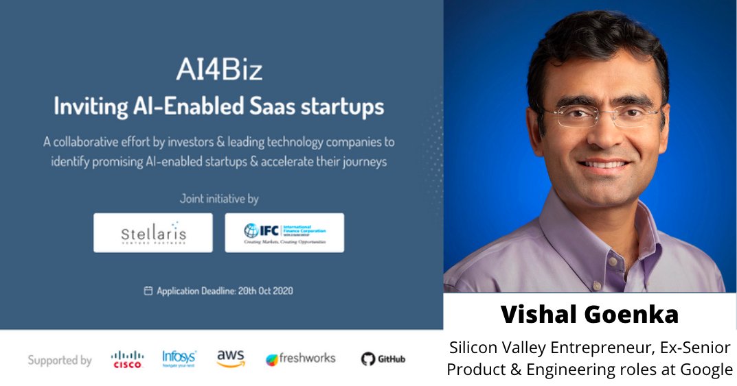 Stellaris_VP's tweet image. #MeetTheJury at #AI4Biz

Vishal is an Entrepreneur based in Silicon Valley. Prior to starting up, he held senior roles in Product Management &amp;amp; Engineering at @Google, where he built a sizable business from the ground up catering to Google’s Map&apos;s ridesharing &amp;amp; delivery customers