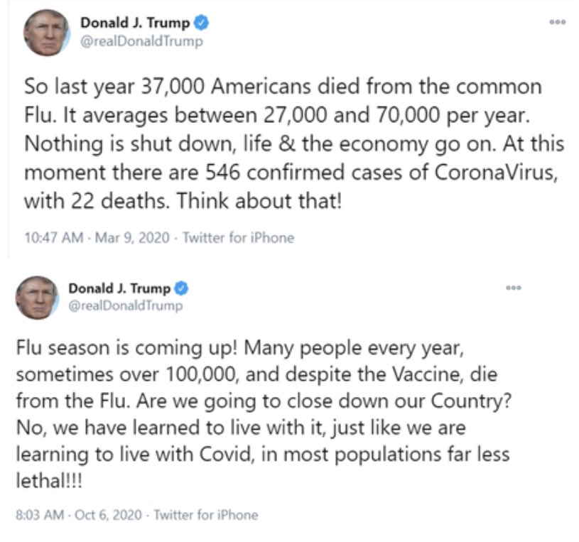 jonkarl's tweet image. The tale of two tweets ... Seven months and 210,000 deaths separate these two tweets, but the president’s message is the same. (h/t @chrisdonovan)