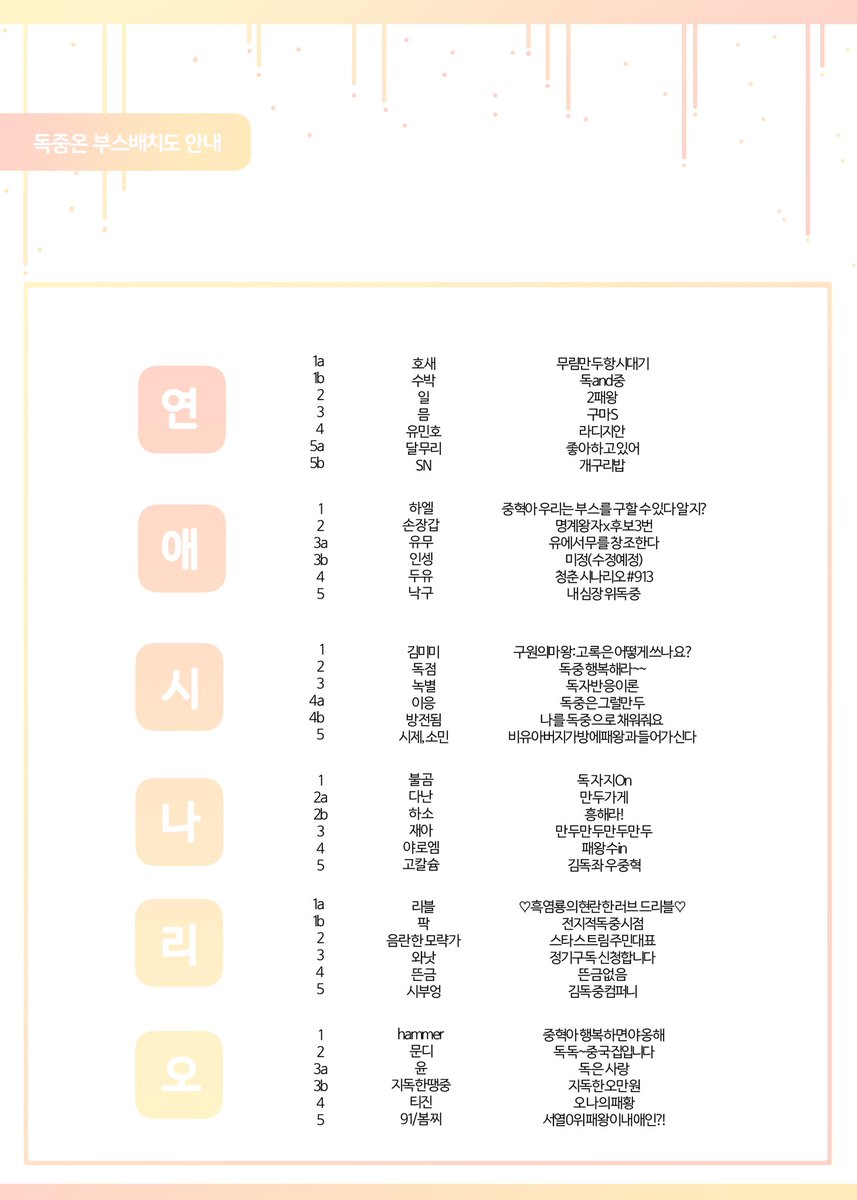 📣 독중온 부스배치도 안내

본 행사의 부스 배치도를 공개합니다!

부스 정보 표기에 오류가 있을 경우 DM으로 연락 주시기 바랍니다.