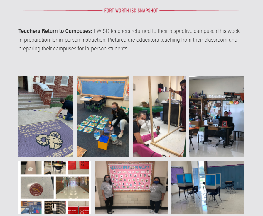 HHeightsFWISD's tweet photo. To view our FWISD Newsletter click the link below.

Teachers Return to Campus. 
Educators are preparing their campuses for in-person students.

https://t.co/csIFARbBFP
#InsideFWISD #FortWorthISD #Newsletter
#DistrictNews https://t.co/zN5lZOyNiE