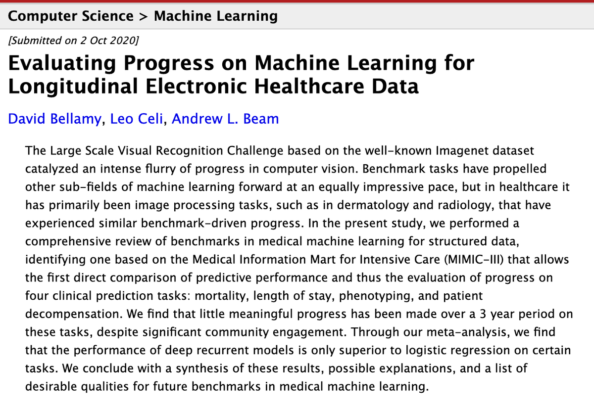 Are we making meaningful progress on machine learning for EHR data?

New preprint with <a href="/DavidRBellamy/">David Bellamy</a>  and Leo Celi tries to answer this question through the lens of benchmarks and the answer is, unfortunately,  "probably not"

Paper: arxiv.org/abs/2010.01149

Some highlights 👇
