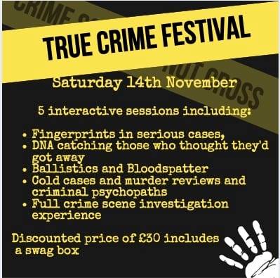 LawWorc's tweet photo. True Crime Festival - Saturday 14th November. 
Sign up deadline: Friday 26th October (more info + how to sign up on our facebook and socials).
Discounted price for Worcester uni students only. https://t.co/f8tnuTTGks