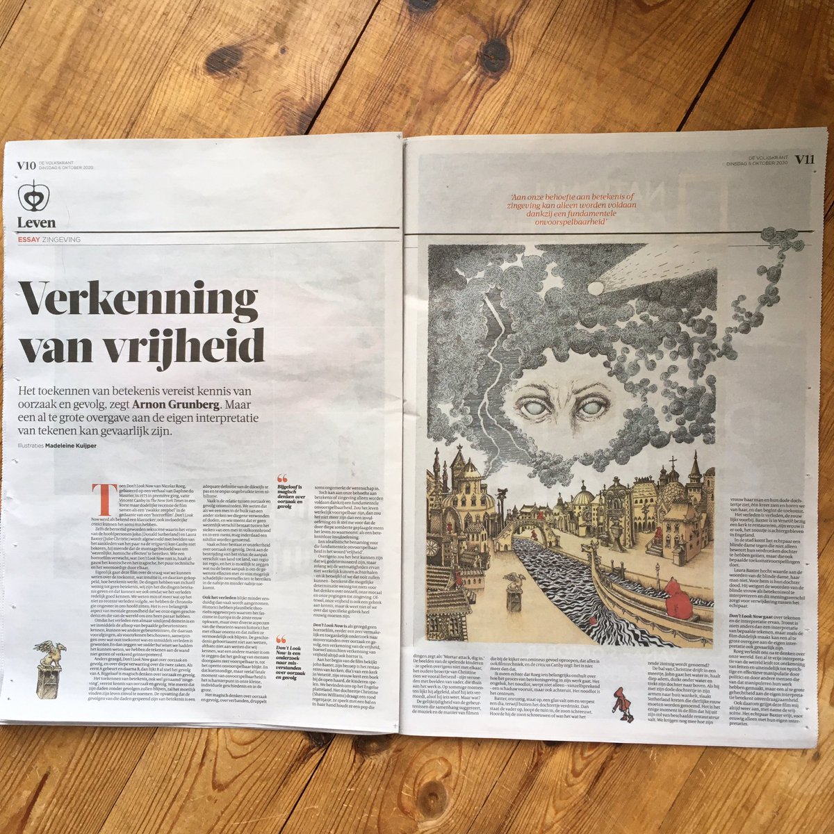 MCDKuijper's tweet photo. In De Volkskrant newspaper today: illustration I made for the essay Arnon Grunberg wrote, about differences of interpreting omina and signs for their future outcome. He uses the film ‘Don’t look now’ (1973, dir. Nicolas Roeg) as an analogy to his theory. https://t.co/yW0fweXEoF