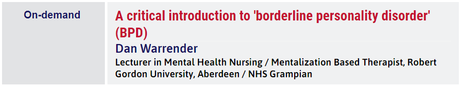 dan_warrender's tweet photo. For any nurses or midwives interested in #borderlinepersonalitydisorder I’ve recorded a 1 hour on-demand session for the Nursing in Practice Virtual Festival 2020.  This is FREE, and is available from 6th Oct to 14th Dec.  Register here for access: https://t.co/PrKE9xuRdS https://t.co/OIPMpfSw0S
