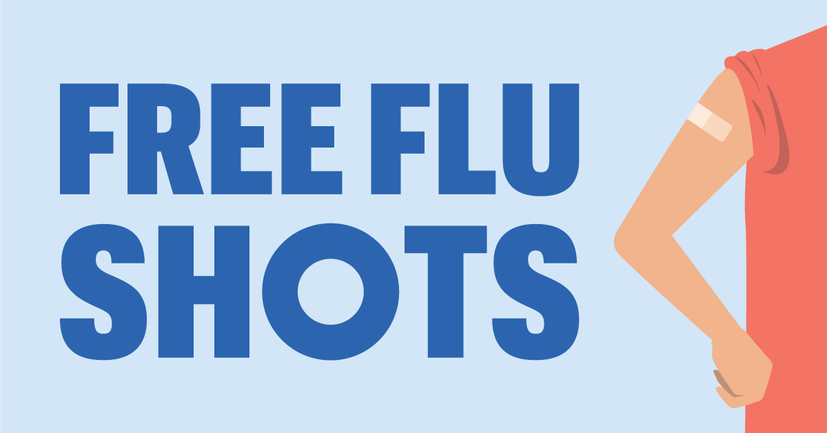 Text says Free flu shots and image shows an arm with a bandage on it