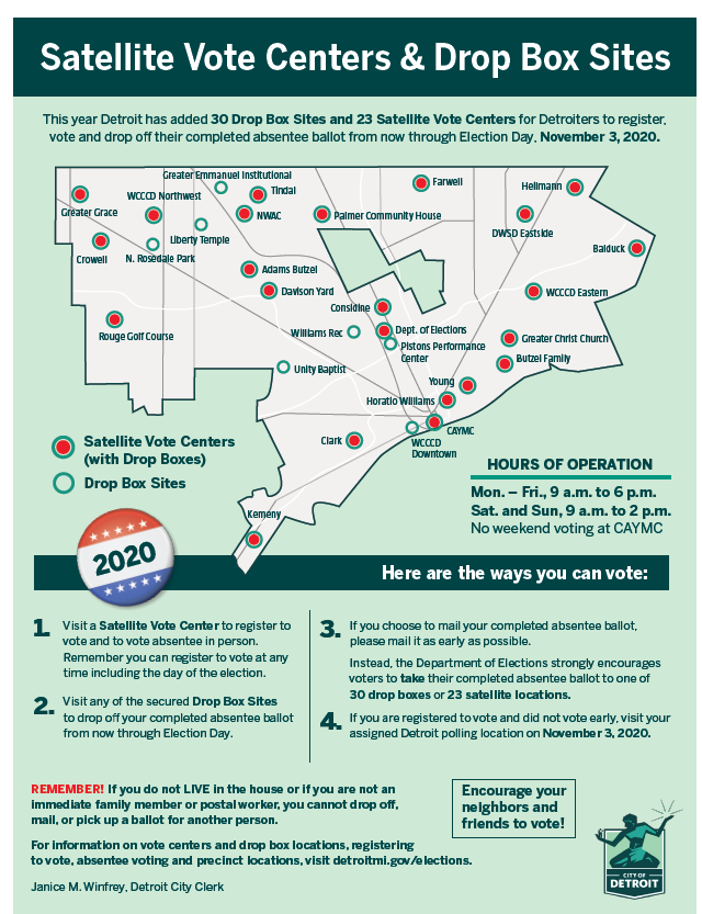 CityofDetroit's tweet photo. The City has opened 23 Satellite voting centers and placed 30 drop boxes around the city to drop off your completed absentee ballot. 

There are now FOUR ways you can vote!
*A complete list of Satellite and Drop Box locations can found here: https://t.co/ZR9PLxbzon https://t.co/hHfGr23iDe