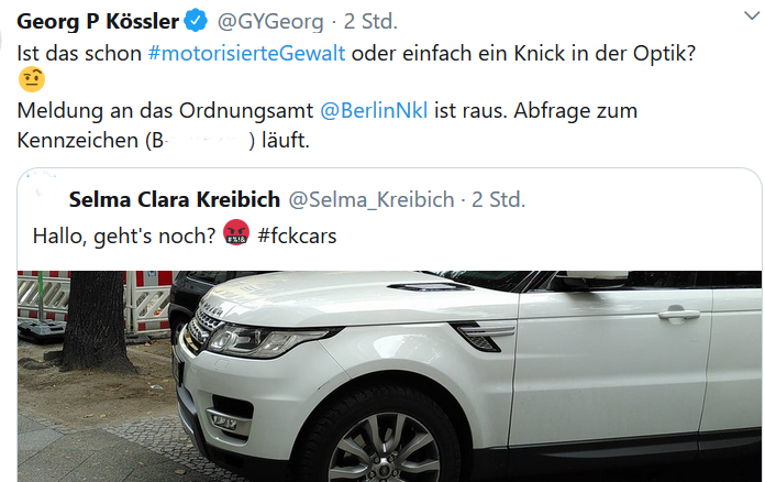 _donalphonso's tweet photo. Nichts weiter, nur ein gewählter Abgeordneter von @Die_Gruenen in Berlin, der bei Twitter mit voller Kennzeichennennung (siehe auch DSGVO) einen möglicherweise falsch parkenden Autofahrer denunziert. https://t.co/Ab3rphUvkS