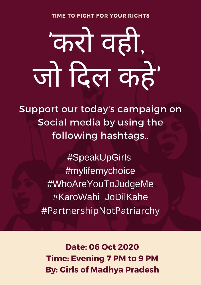 ShivamR38446200's tweet photo. #SpeakUpGirls
#mylifemychoice #WhoAreYouToJudgeMe
#ManKiMaalkin
#KaroWahi_JoDilKahe
#PartnershipNotPatriarchy

Join our today's Campaign ✊

@PMOIndia @narendramodi @shivrajsinghchauhan @mp_wcdmp @rashtrapatibhvn @toi @ani https://t.co/4503Xr8AoC