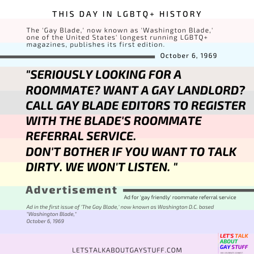 talkgaystuff's tweet photo. This day in #LGBTQ+ #history the Gay Blade, now known as the Washington Blade, published its first edition in 1969.
Today, the publication covers events & breaking news in the world & the LGBT community.
#podcast #letstalkaboutgaystuff #thisdayinhistory #washingtonblade #Oct6 https://t.co/wpud597F21