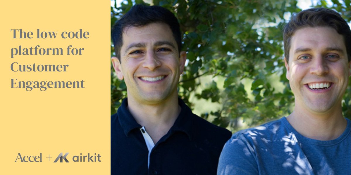 Accel (@accel) on Twitter photo We're excited to partner with <a href="/AirkitCX/">Airkit.ai</a>, a low-code platform built for customer engagement that empowers any team to launch personalized and proactive customer interactions. Welcome back to the #AccelFamily <a href="/sehikian/">Stephen Ehikian</a> & <a href="/adamtevans/">Adam Evans</a>! cc <a href="/StevoLoughlin/">Steve Loughlin</a> accel.com/noteworthy/our⦠We're excited to partner with <a href="/AirkitCX/">Airkit.ai</a>, a low-code platform built for customer engagement that empowers any team to launch personalized and proactive customer interactions. Welcome back to the #AccelFamily <a href="/sehikian/">Stephen Ehikian</a> & <a href="/adamtevans/">Adam Evans</a>! cc <a href="/StevoLoughlin/">Steve Loughlin</a> accel.com/noteworthy/ourā¦