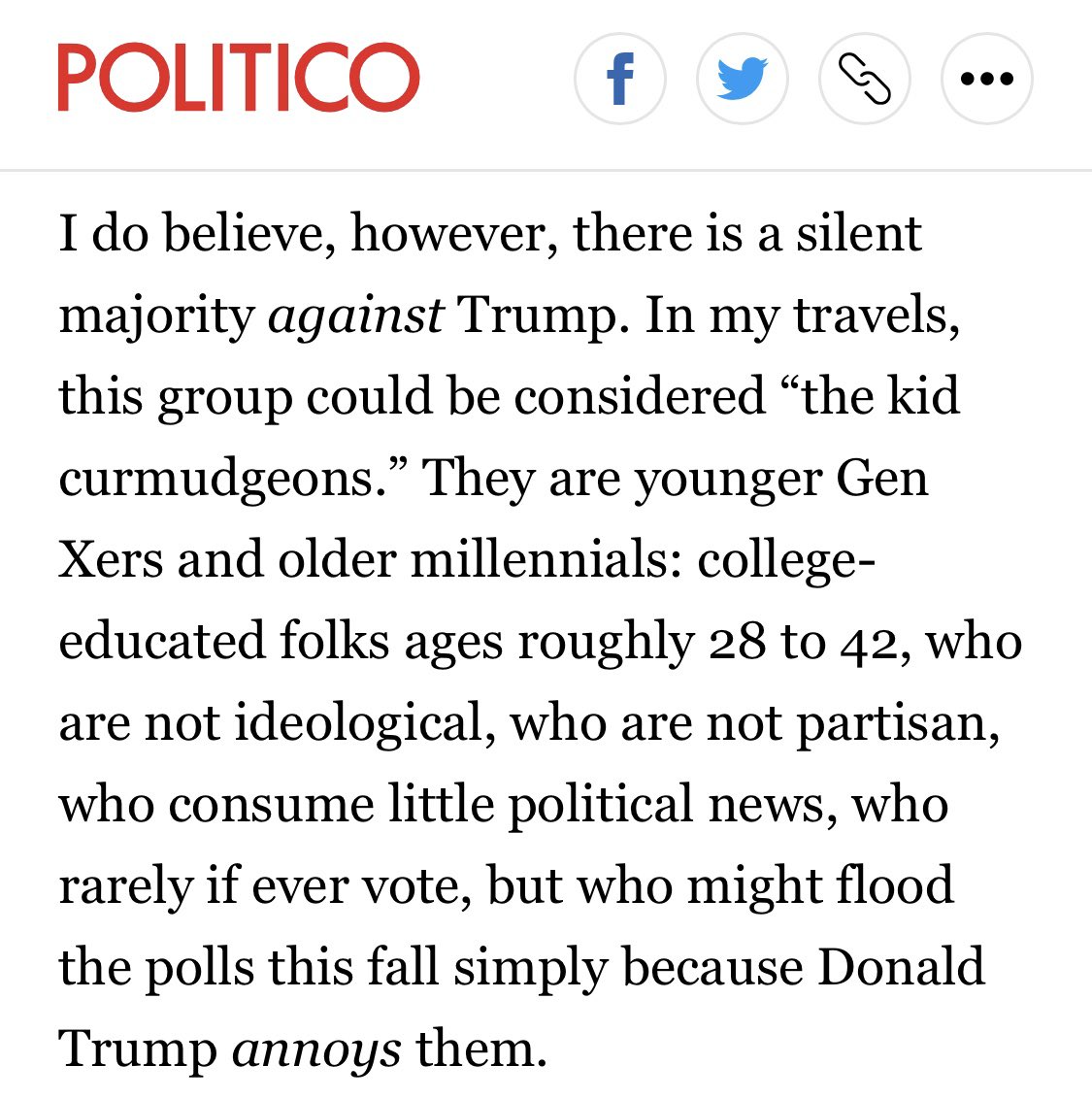 2. The “silent majority” in this election is not who you think it is. https://www.politico.com/news/magazine/2020/10/06/four-notes-election-reporter-notebook-426599