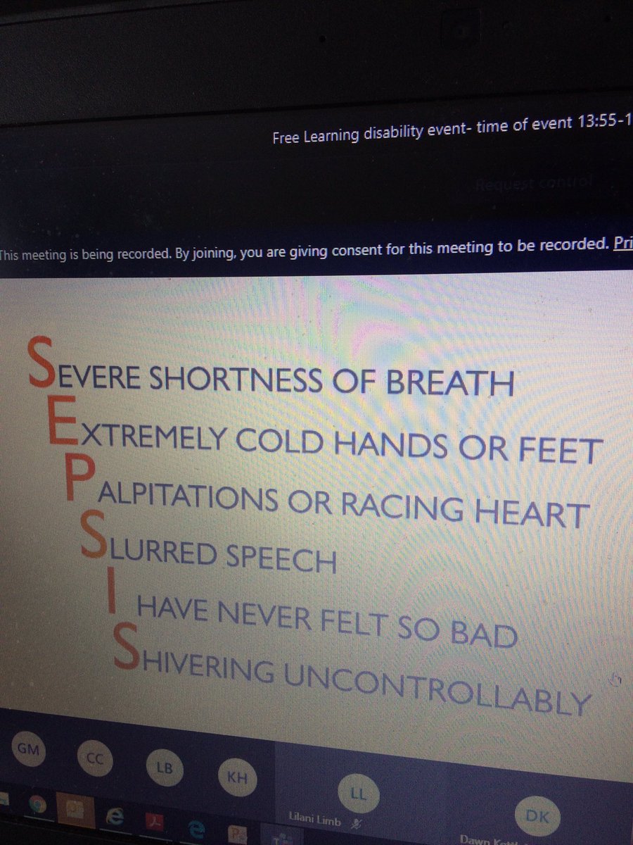 The importance of recognising SEPSIS in learning disabilities #LearningDisabilityLiaisonVirtualEvent20 @SH_CCG <a href="/NEHFCCG/">NHS North East Hampshire and Farnham CCG</a> <a href="/ed_cartwright/">Edmund Cartwright</a> @JonathanSly5 <a href="/LdSabp/">LD_Liaison_SABP</a> #frimleysouthcarehomes