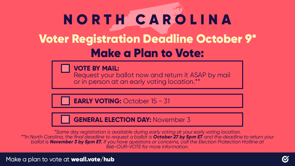 📣 This is it: Tomorrow, October 9, is your LAST CHANCE to get registered ONLINE to vote in North Carolina for the fall elections. 

Don’t miss your chance to make your voice heard: weall.vote/register #WhenWeAllVote <a href="/WhenWeAllVote/">When We All Vote</a>