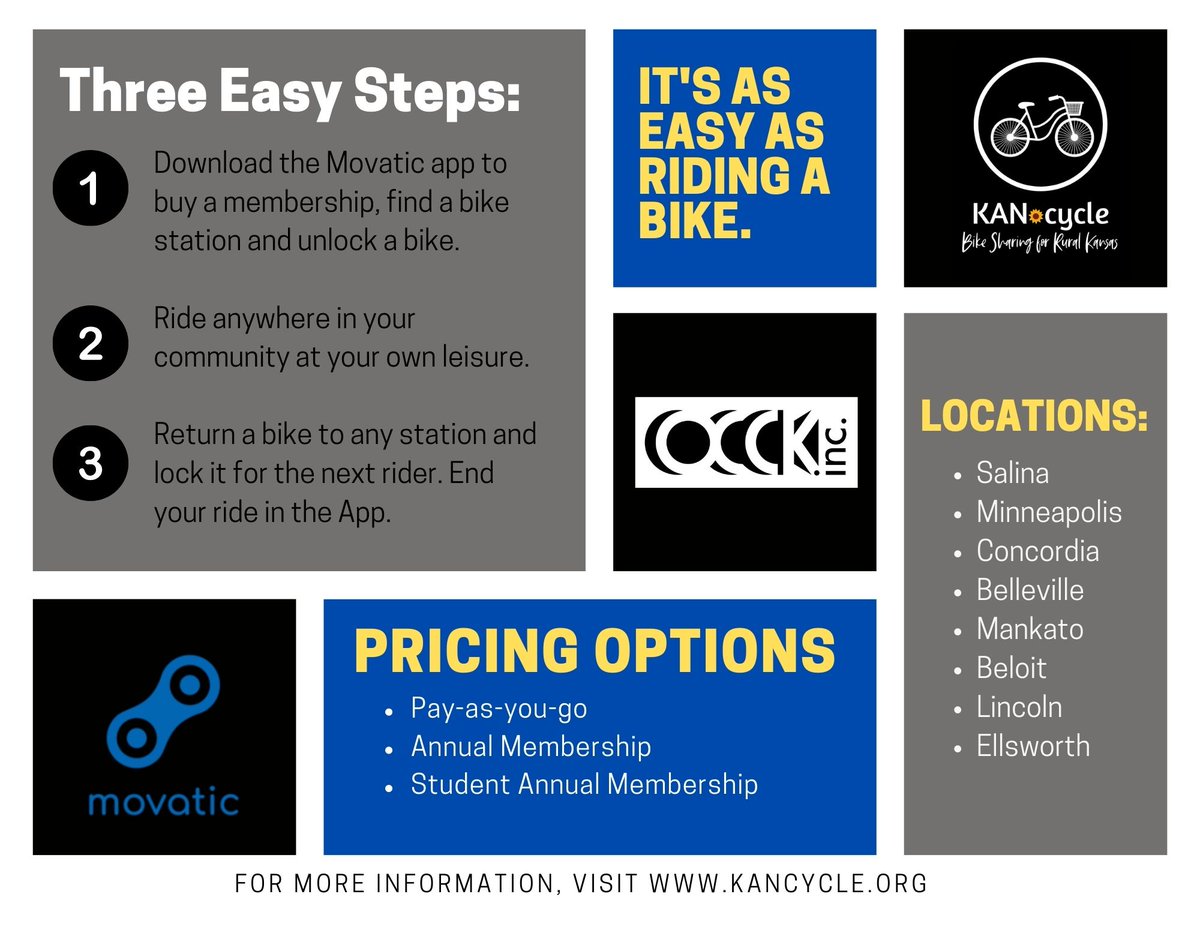 SalinaCitygo's tweet image. We're so excited!  Bike are back!  Go check out some of our 80 bikes located at 16 stations across north central Kansas.  It's super easy to start riding.

#morethanyouthink #occk2020 #kancycle #bikesharing