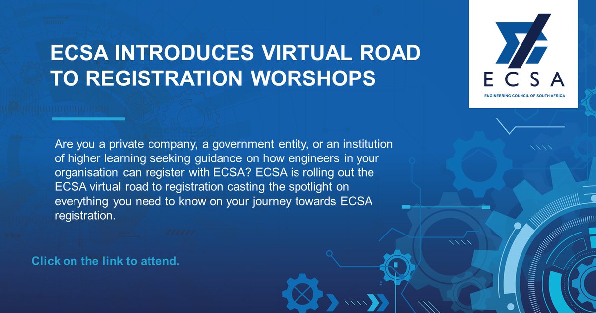 ECSAOfficial's tweet photo. ECSA introduces virtual road to registration workshops click here to RSVP https://t.co/hLwDNR09tm #virtualR2R #R2R #RoadtoRegistration #Engineering #ECSAregistration #ECSAOfficial https://t.co/6HwTsULwom