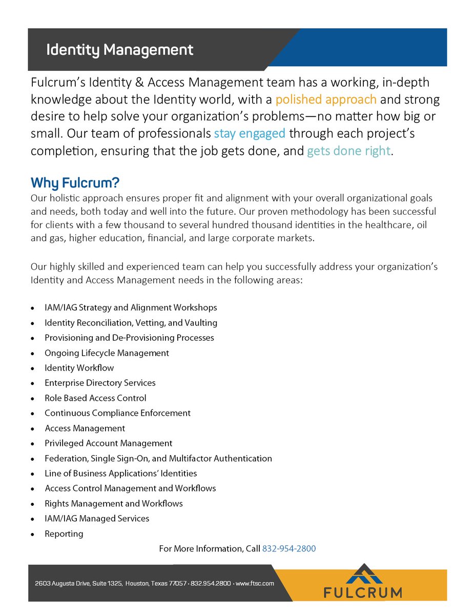 If you aren't protecting your identity, then you are leaving it and all of your data susceptible to attacks. Let <a href="/fulcrumtsc/">Fulcrum</a> help with even your biggest and toughest Identity and Access Management challenges, before you get compromised. Contact us to learn more: info@ftsc.com