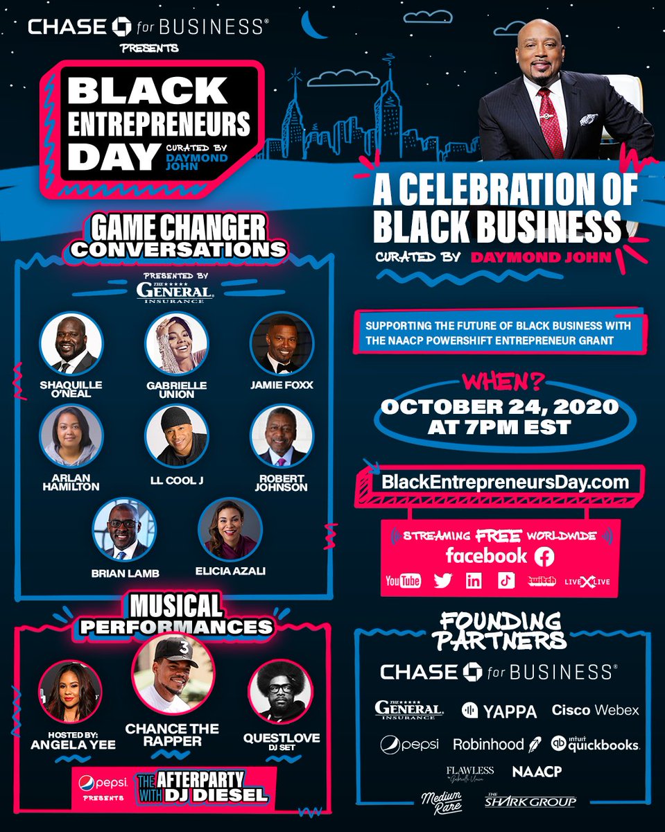 TheSharkDaymond's tweet image. Excited to announce the FIRST EVER &apos;Black Entrepreneurs Day’ a celebration of black business, presented by @ChaseforBiz. 

Tune in October 24th to be part of history 🙏🏾#BlackEntrepreneursDay @BlackEntrepDay 

blackentrepreneursday.com