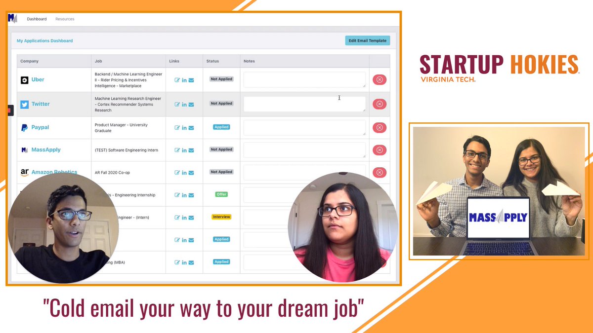 ApexCenterVT's tweet image. Meet @virginia_tech  students Sana Ahmad and Naman Singh, Founder and Co-Founder of @MassApply ! With the MassApply dashboard, students can directly apply to companies &amp;amp; track their applications. Check out their new cold email outreach tool! massapply.com