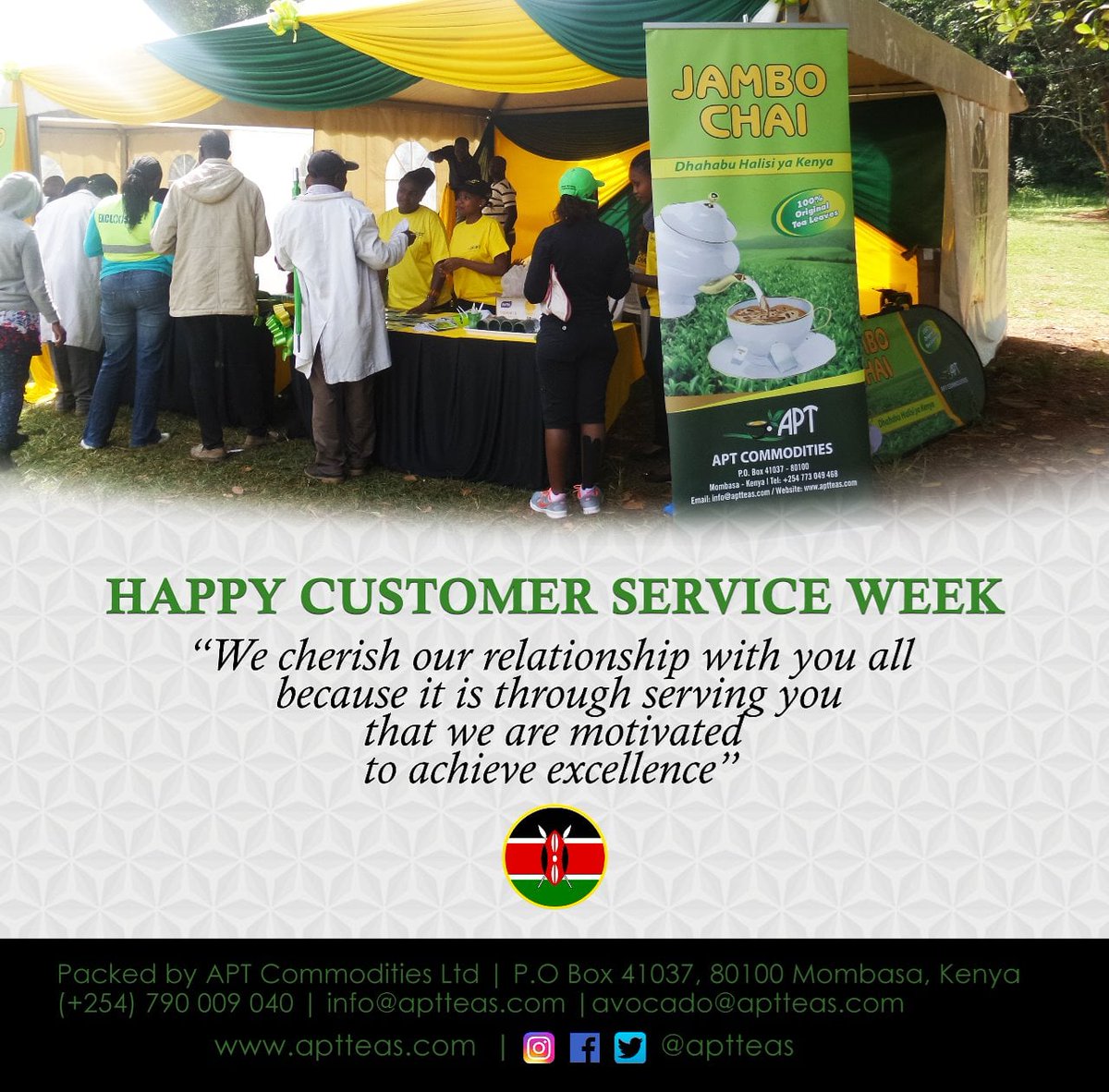 aptteas's tweet photo. Thank you for choosing us. God bless you and Happy Customer Service Week to you all.

#AptTeas #Tea #KenyanTea #JamboChai #EquatorGreenTea #SinbadTea #HassanTea https://t.co/IiQgQiG7Lx