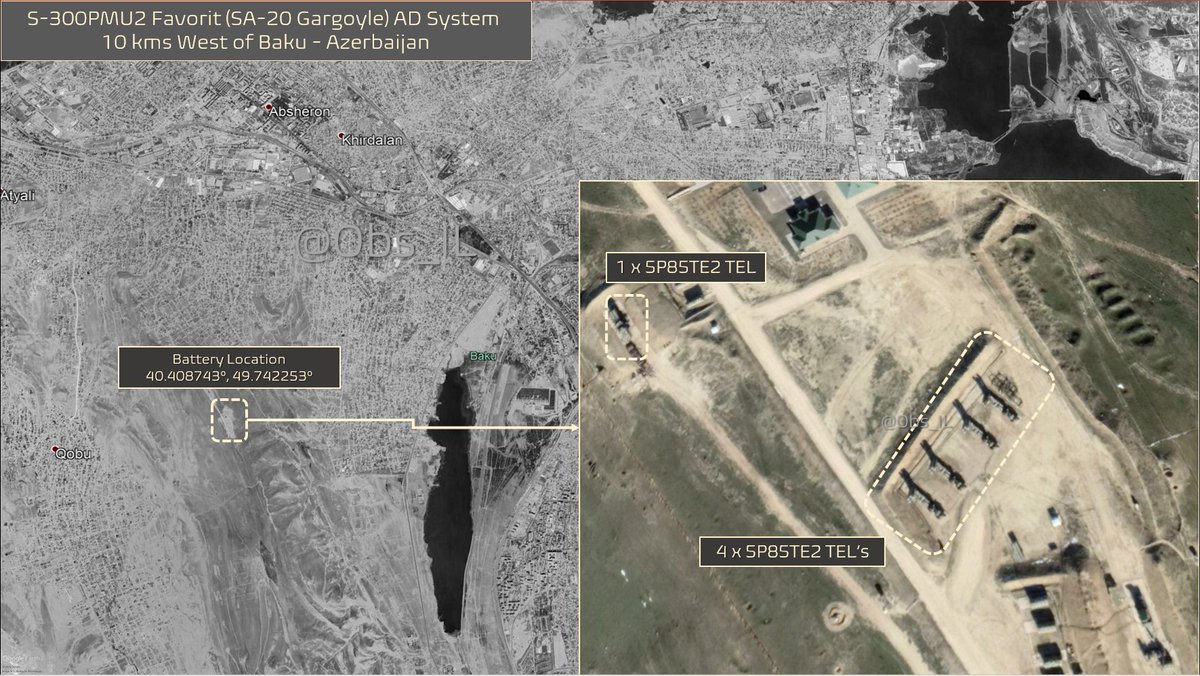 TheIntelLab's tweet photo. #Azerbaijan S-300PMU2 "Favorit" (SA-20 "Gargoyle") AD Systems. One battery located 9 km South-West of Heydar Aliyev International Airport (#Surakhini), the other one 10 km West of #Baku  (#Qobu). #GEOINT https://t.co/9oXncdU087