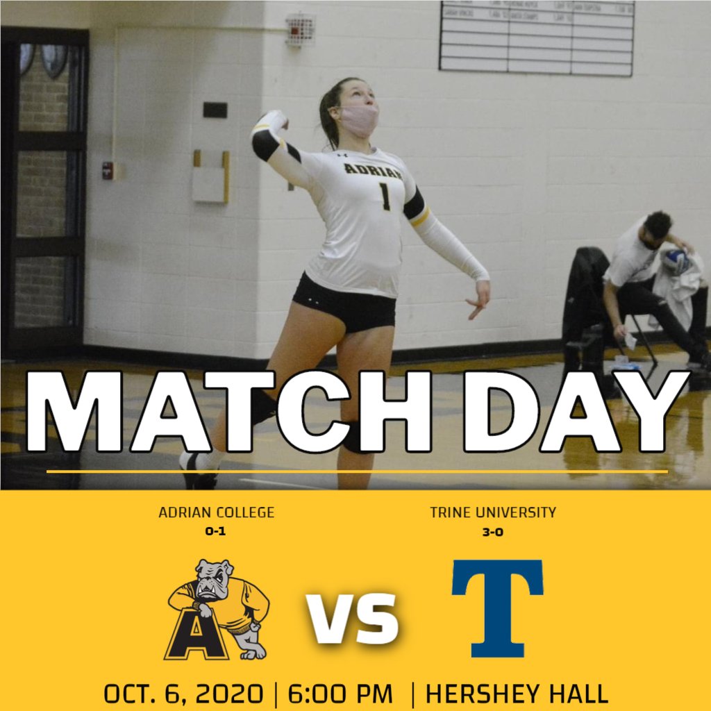 AdrianBulldogs's tweet photo. 🏐 @AdrianWVB vs. Trine
⏰ 6:00 PM
📍 Angola, Ind. (Hershey Hall)
📺https://t.co/krLM8unaEH
📊 https://t.co/kEokpnJHqf

#GoDawgs #d3vb https://t.co/Wn7nlhzNTe
