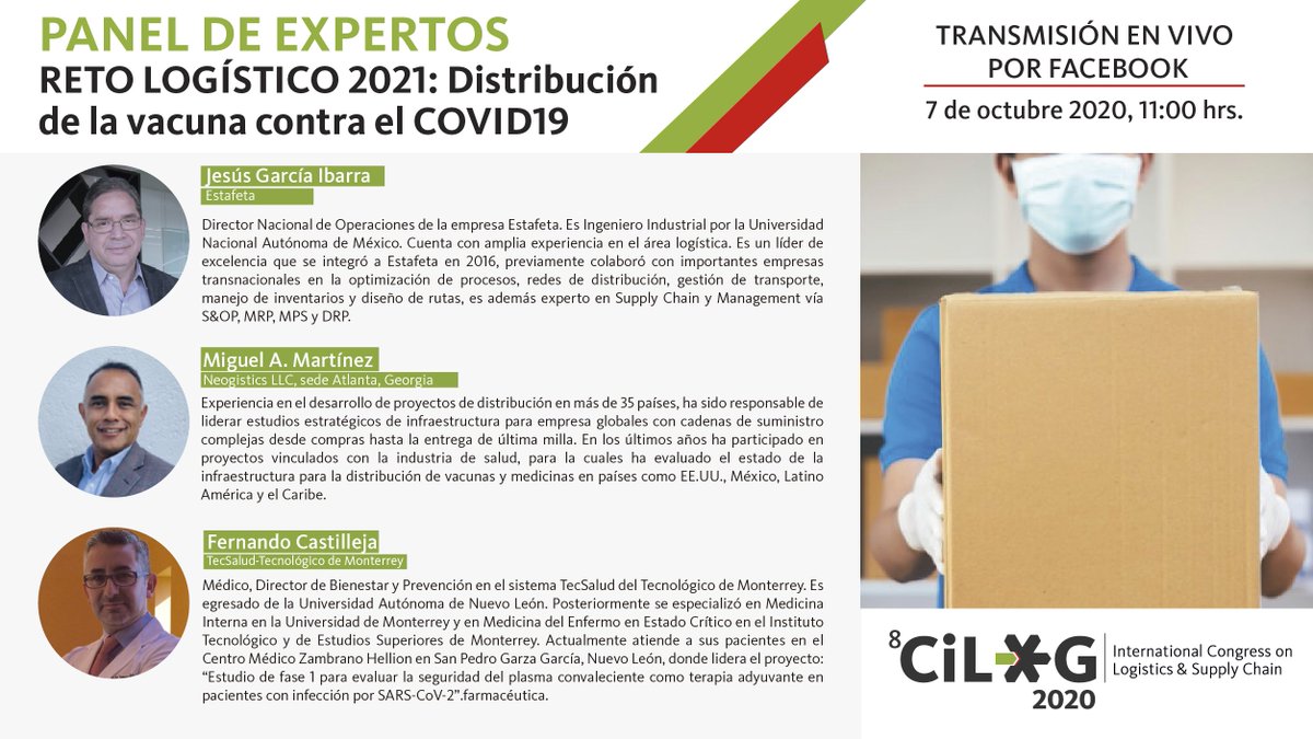 MexicoLogistico's tweet photo. La tecnología para garantizar la trazabilidad y el conocimiento logístico, serán dos elementos estratégicos para poder distribuir la vacuna contra el #COVID19.
Te invitamos a seguir #EnVivo, el panel de expertos que el #CiLOG2020 tiene preparado para ti ¡No te lo pierdas!👇 https://t.co/Ft8oorgFaK