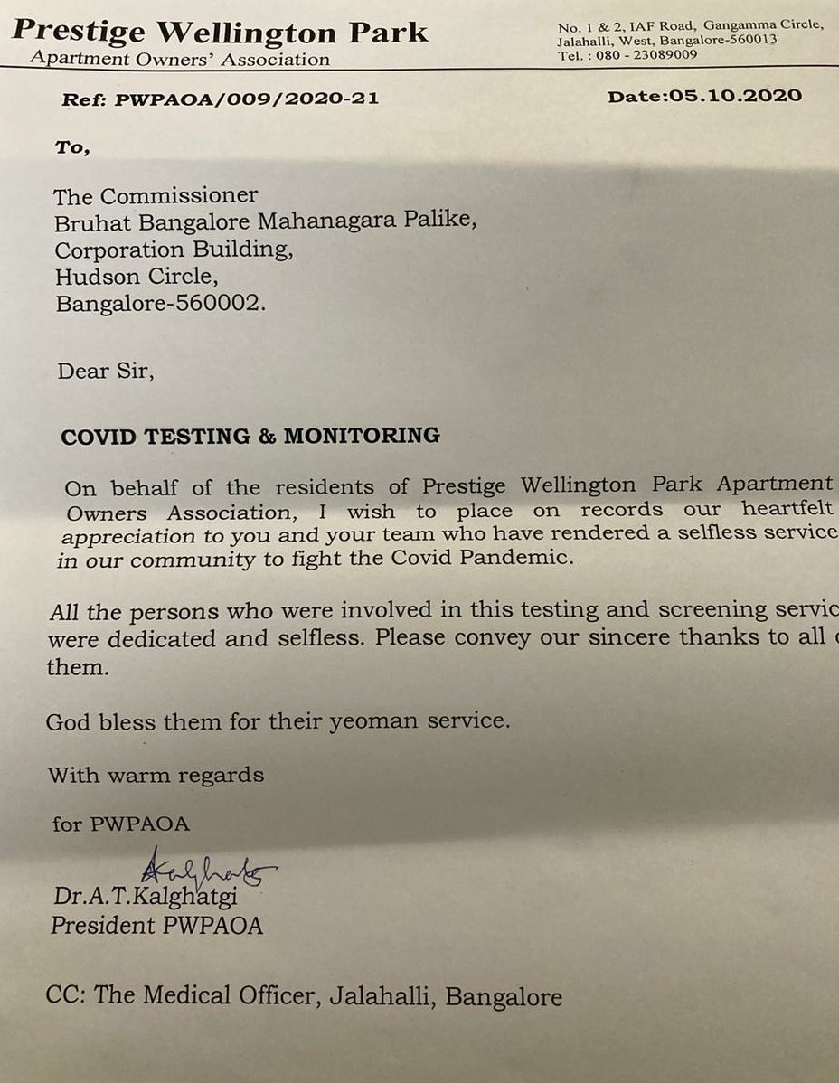 #RRnagarFightsCorona Letter of Appreciation from Prestige Wellington Park Apartment. It was always a challenging to convince people staying in apartments because of various myths and misconception.However contionous communication helped clear those and build trust to get tested.