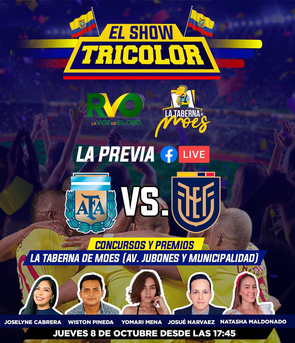 LavozdeElOro's tweet photo. 🇪🇨 Vive la pasión del fútbol #ElShowTricolor
en la Taberna de Moes #Pasaje
Este jueves desde las 17h45 #LaPrevia

Con  nuestro equipo de narrador y comentaristas. https://t.co/sO1bDHTUT0