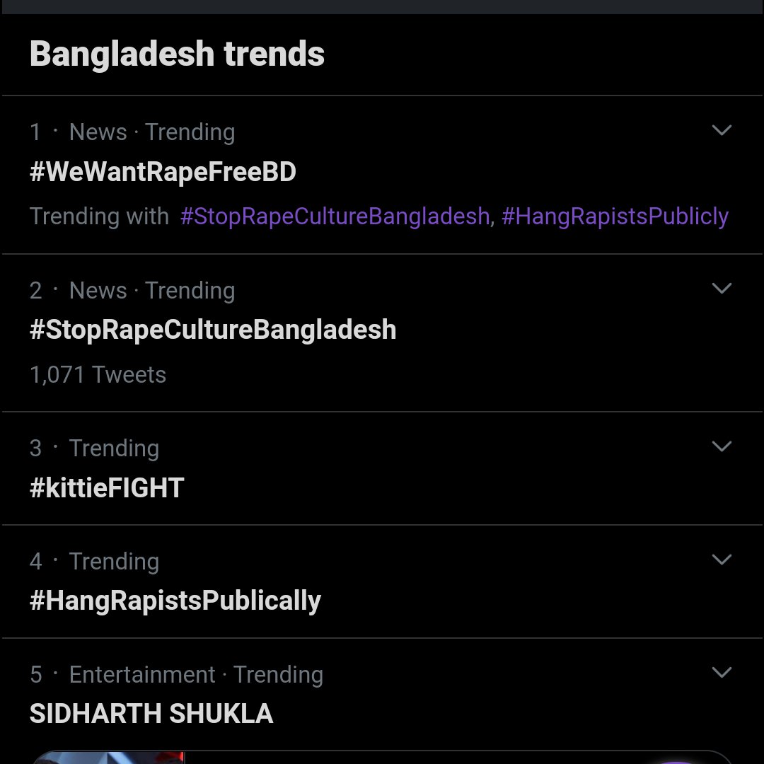 Armytheallies's tweet photo. Finally trending in Bangladesh!

1. #WeWantRapeFreeBD 
2. #StopRapeCultureBangladesh 
4. #HangRapistsPublically 
6. #SaveWomen 

We want nothing but justice. Please let us live a safe life!!! https://t.co/LcMR3bpb1z