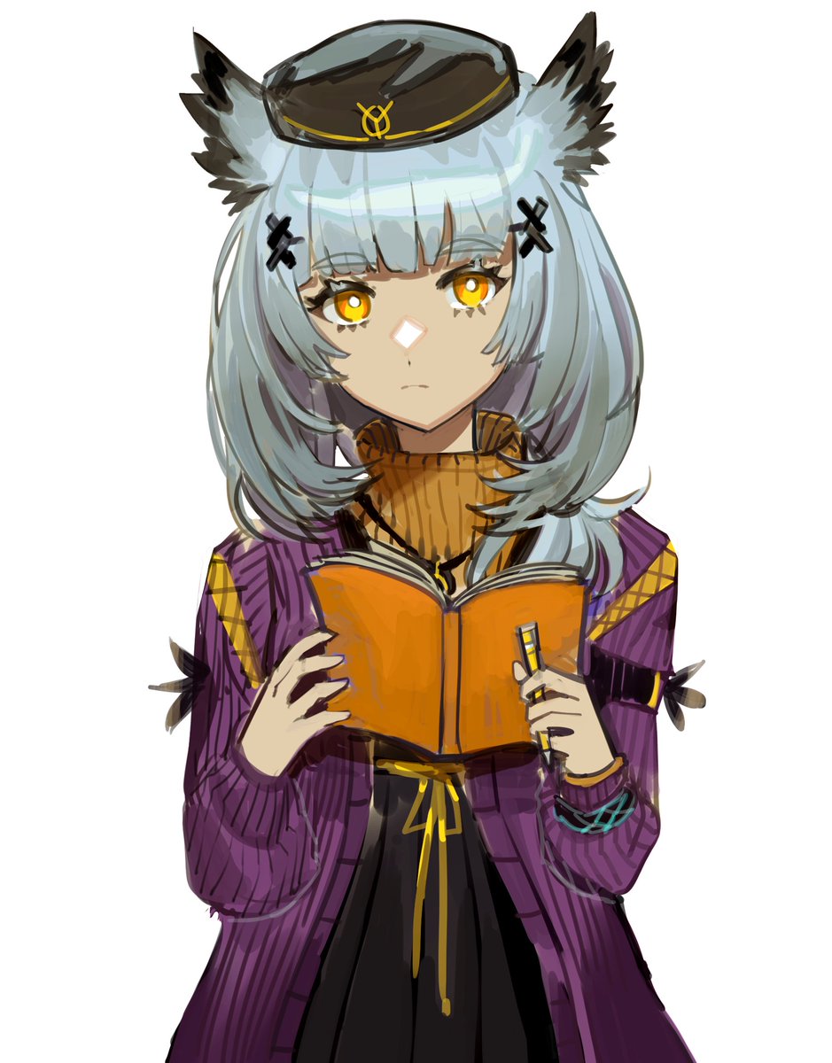 1girl solo purple jacket holding owl ears hat white background  illustration images