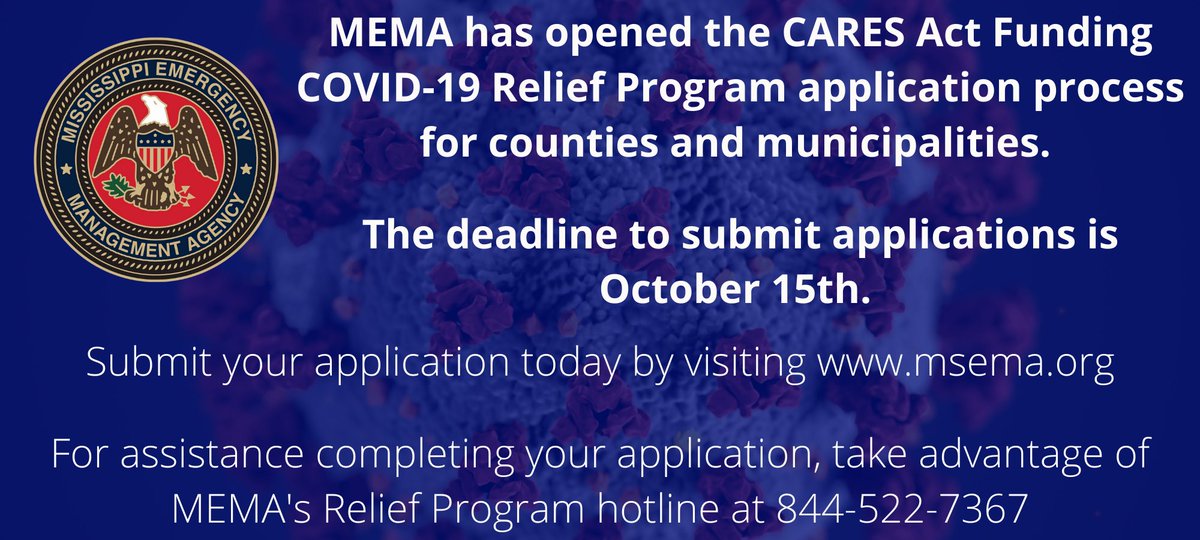 Next Thursday, October 15th, is the deadline to apply for funding through the CARES Act COVID-19 Relief Program! Don't miss this important deadline! 
msema.org/covid-19/covid…