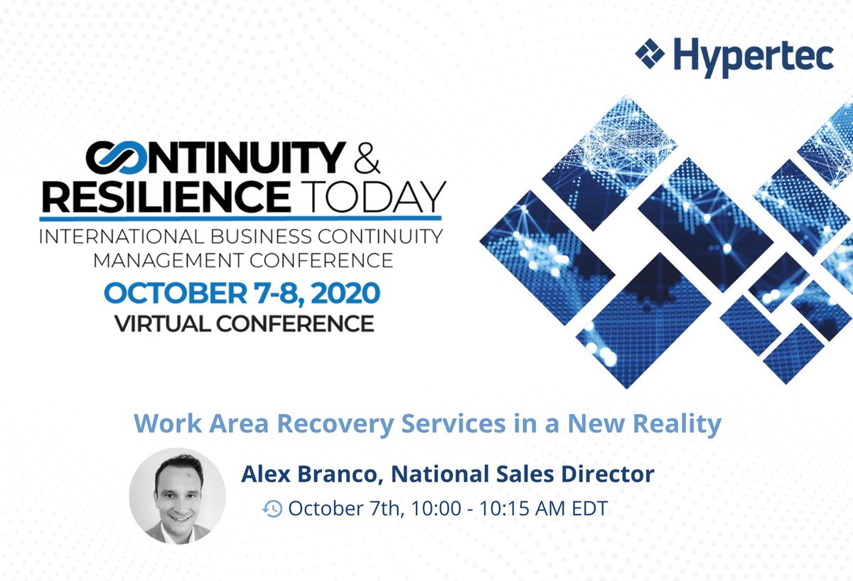 CiaraTech's tweet image. Join us at Continuity &amp;amp; Resilience Today (#CRT20) virtual conference, October 7-8, 2020. Our very own Alex Branco will talk about the Work Area Recovery Services in a New Reality on October 7 10:00 am EDT. Register at: hubs.ly/H0xv7W30 #CRTDEMCON @ContinuityRT