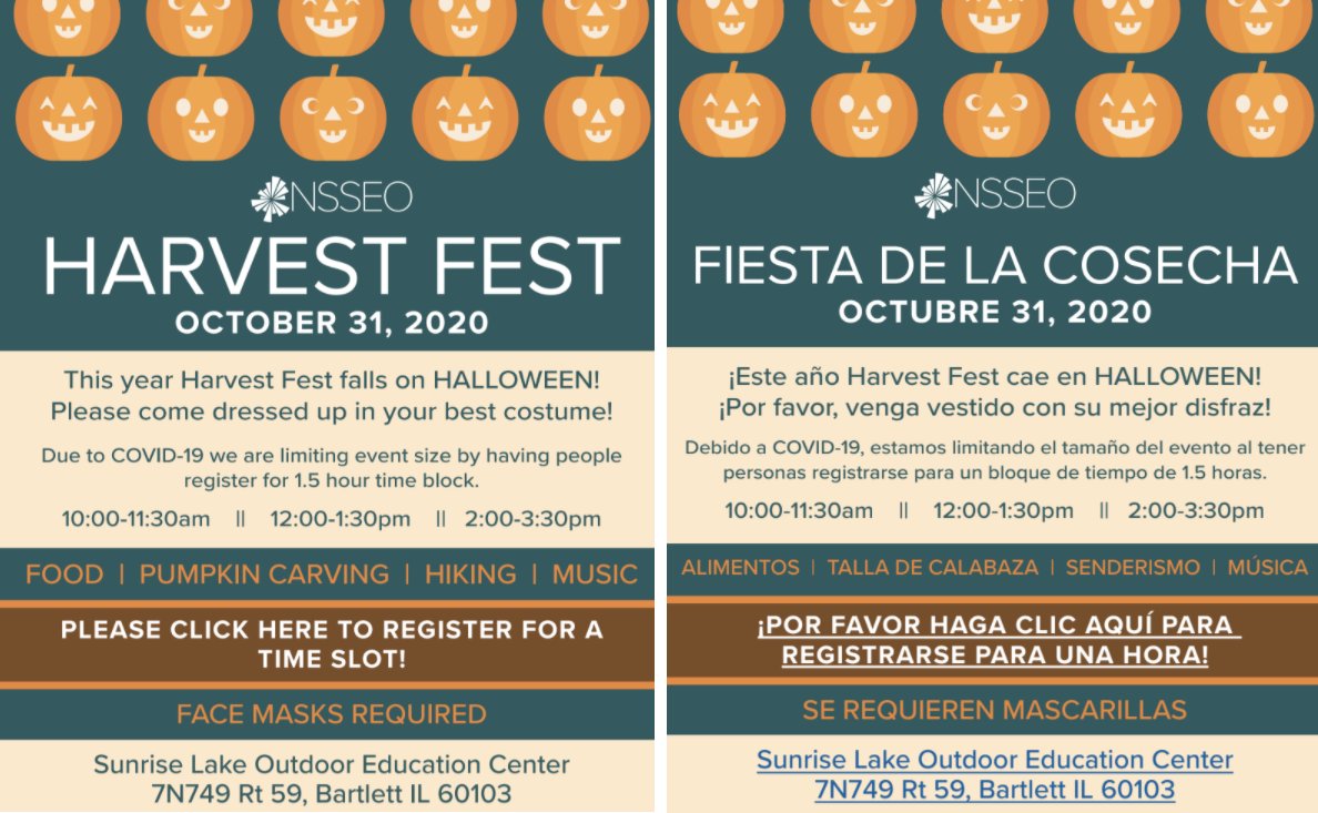 SunriseLakeOEC's tweet photo. NSSEO's Harvest Fest is officially scheduled on Saturday, October 31st! You're encouraged to come in a costume!
Families can register for a 90 minute time slot for pumpkin carving, a hike, music, &amp; food. 
Pre-registration is MANDATORY! Please click below:
https://t.co/5N5CJtt2hM https://t.co/3uKyVnVZw4