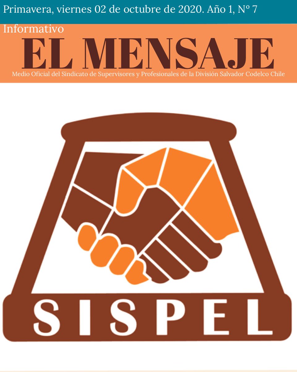 SupervisorDSAL's tweet photo. Compartimos la séptima edición de El Mensaje, informativo sindical los supervisores de División Salvador @CodelcoChile  @ElMercurio_cl @latercera @DFinanciero @bprokurica @MinMineria_cl @RADIONOSTALGICA @meganoticiascl @chanarcillo @AtacamaNoticias @Mineria_Atacama @FTCobre https://t.co/jH2Zo92Cc5