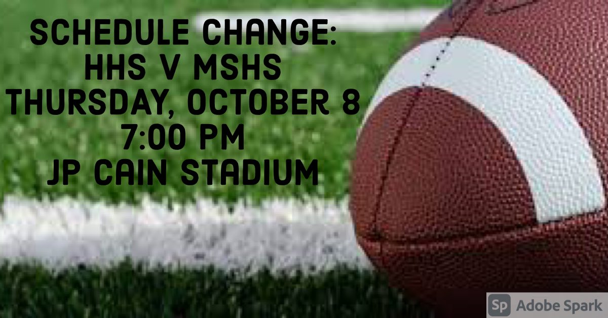 SCHEDULE CHANGE: 

This week’s home football game versus Muscle Shoals has been moved to Thursday, October 8 at 7:00 pm.