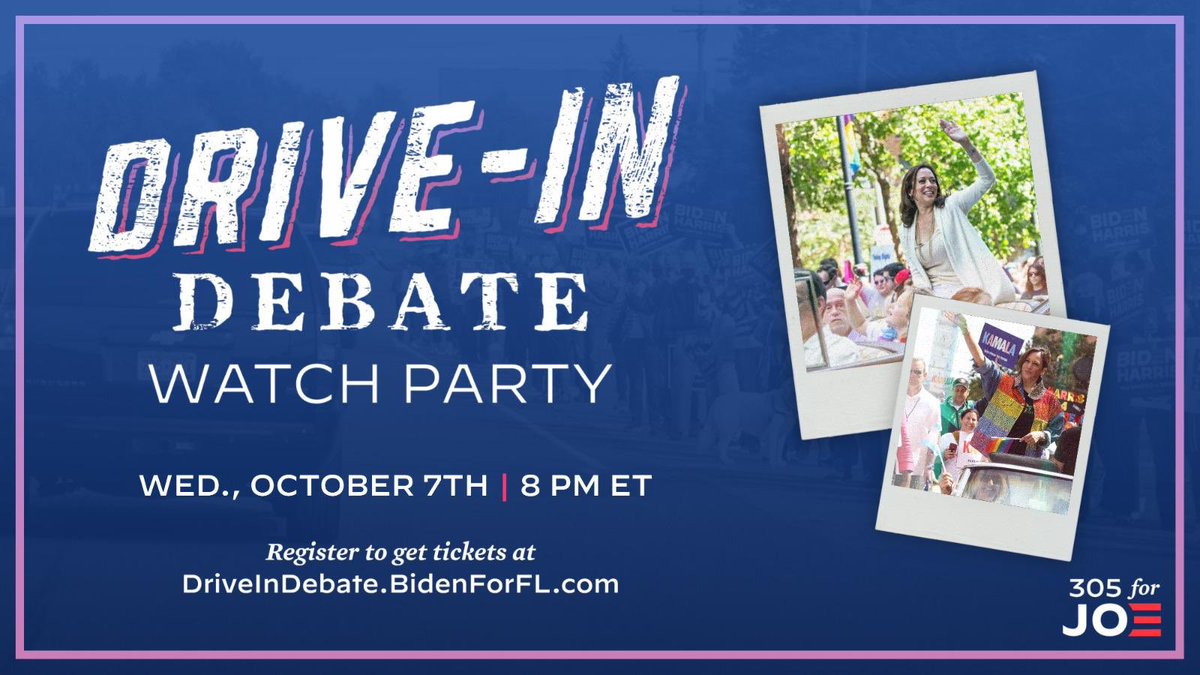 jennyleeisme's tweet photo. Join the #305forJoe squad to cheer on @KamalaHarris at the VP Debate Drive-In Watch Party TOMORROW in #Wynwood plus get some fun campaign merch! 🎉 

DATE: Wed., October 7
TIME: 8 PM
LOCATION: Wynwood, FL

Register to get tickets at: https://t.co/0RiCDj9osj

#BidenForFL 🇺🇸🍊 https://t.co/pWHa4R5b3f