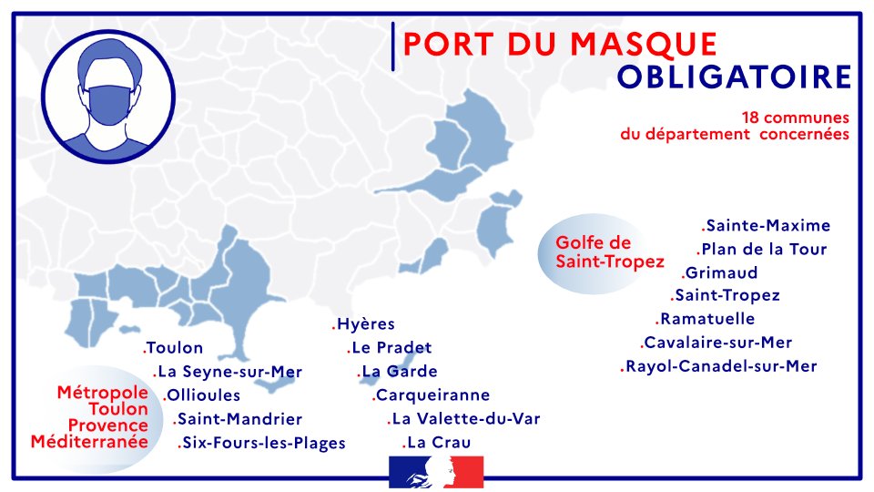 Prefet83's tweet photo. #COVID19
😷 Dans le #Var, l'obligation du port du masque pour 18 communes du département est reconduite jusqu'au 15 octobre. 
➡️Tous les arrêtés et les périmètres en cliquant ici 👉https://t.co/MdYreC0a7y https://t.co/I6D7b2rvgv