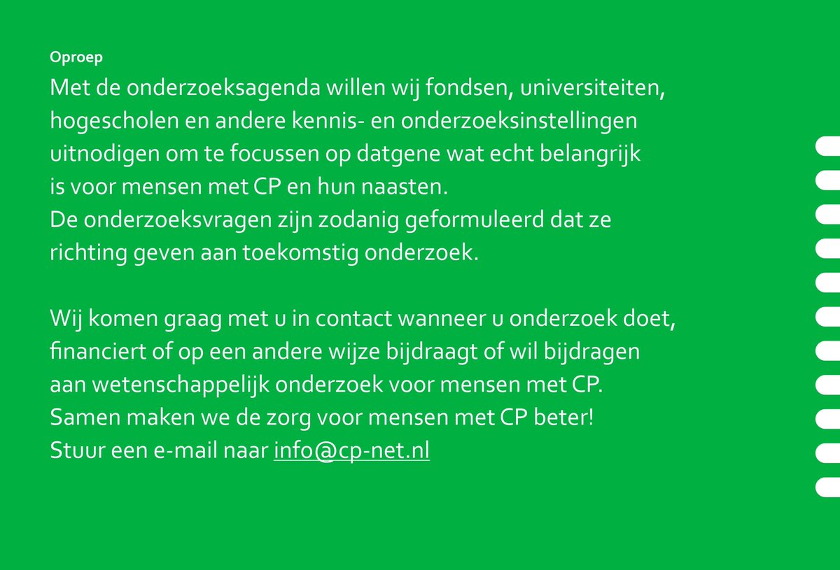 Heb jij de Nationale Onderzoeksagenda Cerebrale Parese al gedownload? cp-net.nl/onderzoeksagen… 
Doe of financier je onderzoek of draag je op een andere wijze bij aan wetenschappelijk onderzoek voor mensen met CP? Wij komen graag met je in contact- info@cp-net.nl #WorldCPDay #CP