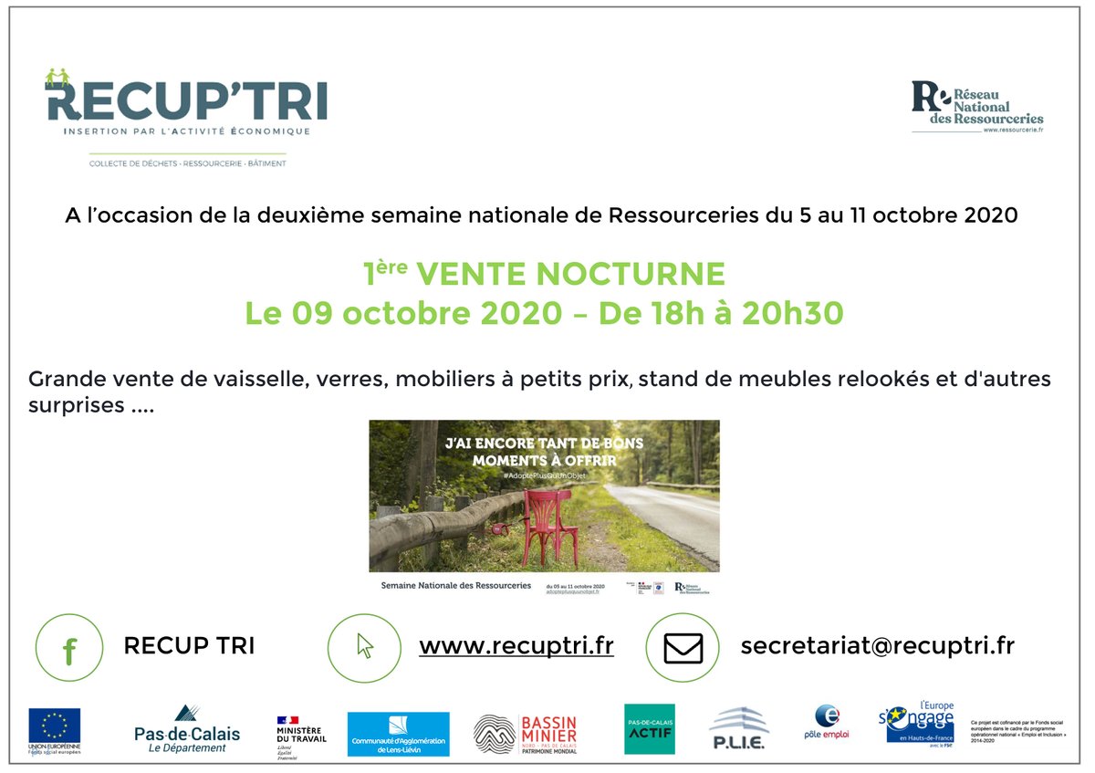 AggloLensLievin's tweet photo. Avec l'association #RecupTri, découvrez le rôle des ressourceries ! 

Grande vente nocturne d'objets reconditionnés ➡️ Vaisselle, verres, mobiliers relookés, etc... 

📅 RDV Boulevard de Rouen à @aix_noulette, le 9 octobre de 18h à 20h30. https://t.co/GpmUzVUlFo