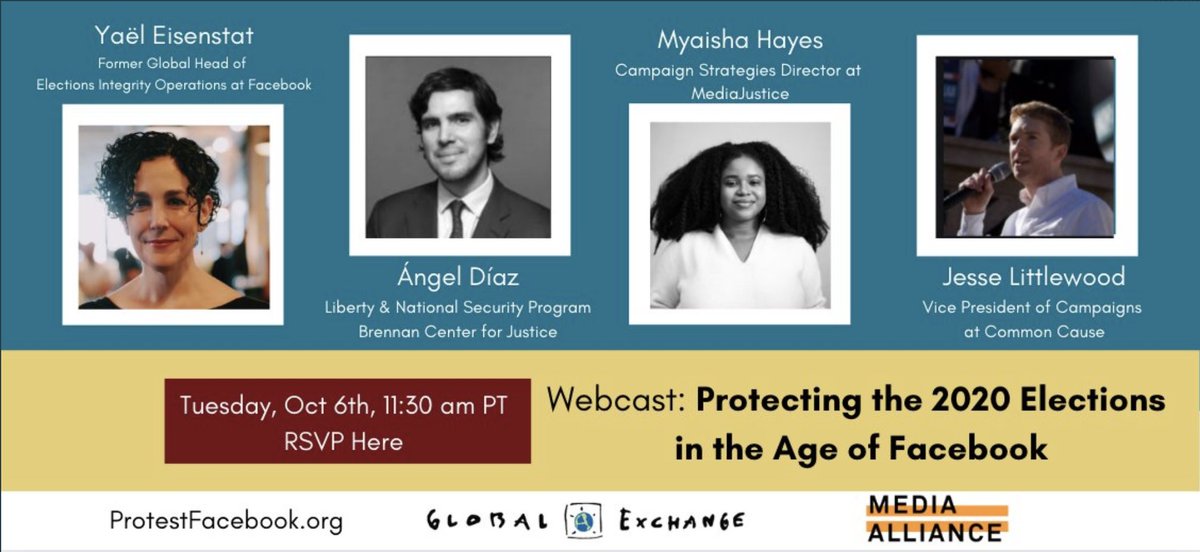 mediajustice's tweet photo. If 2016 taught us anything, it's that @Facebook can't be trusted to combat election interference in 2020. Register NOW to catch our Campaign Strategies Director @MyaishaAyanna TODAY at 2:30 ET! https://t.co/vOU64WyyOp #ProtestFacebook https://t.co/gU4yDh89CO
