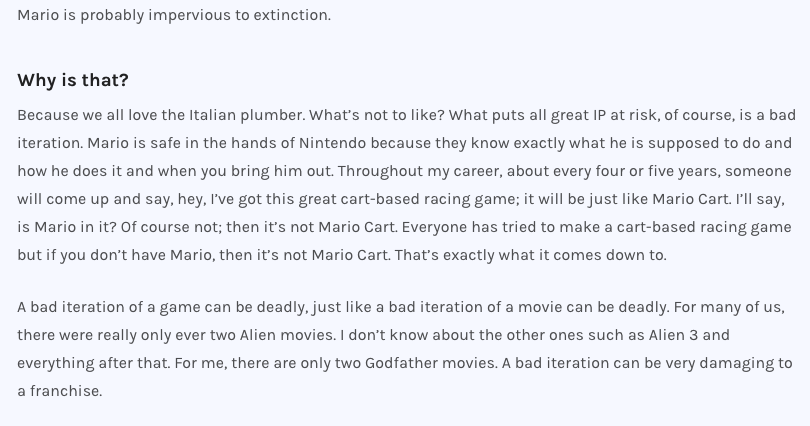 NEW INTERVIEW: Former Chairman of Sony Entertainment on Nintendo's Everlasting Intellectual Property'Mario is probably impervious to extinction' $NTDOY  https://inpractise.com/articles/nintendo-intellectual-property?utm_source=twitter&utm_medium=organic&utm_campaign=ntdoy