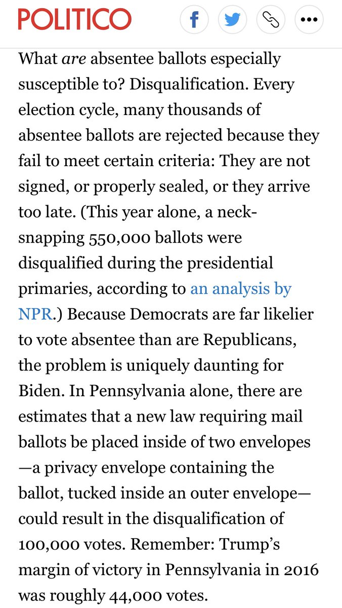 3. Democrats will regret placing so much emphasis on absentee voting. https://www.politico.com/news/magazine/2020/10/06/four-notes-election-reporter-notebook-426599