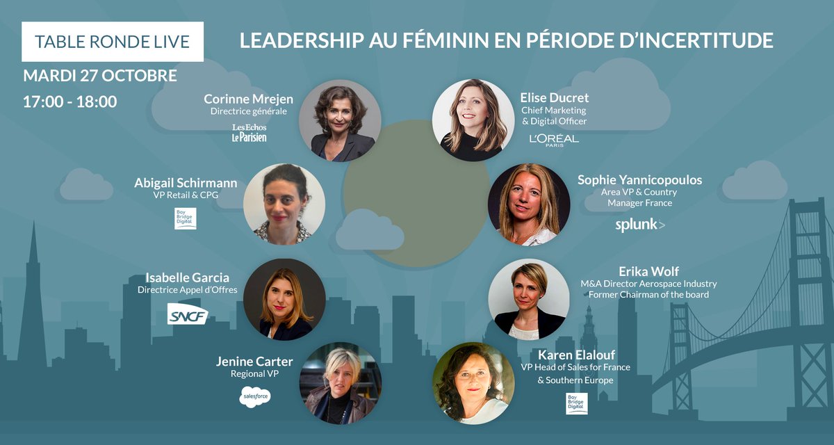 BBridgeDigital's tweet photo. [LIVE EVENT]
On a le plaisir de vous convier à une conférence live, le Mardi 27 Octobre à 17h.
Placé sous le signe du partage, cette table ronde abordera le Thème du « Leadership au Féminin en période d’incertitude. »

#womenleadership #womenintech #womeninscience #techyourplace https://t.co/uVq0IRxqWK
