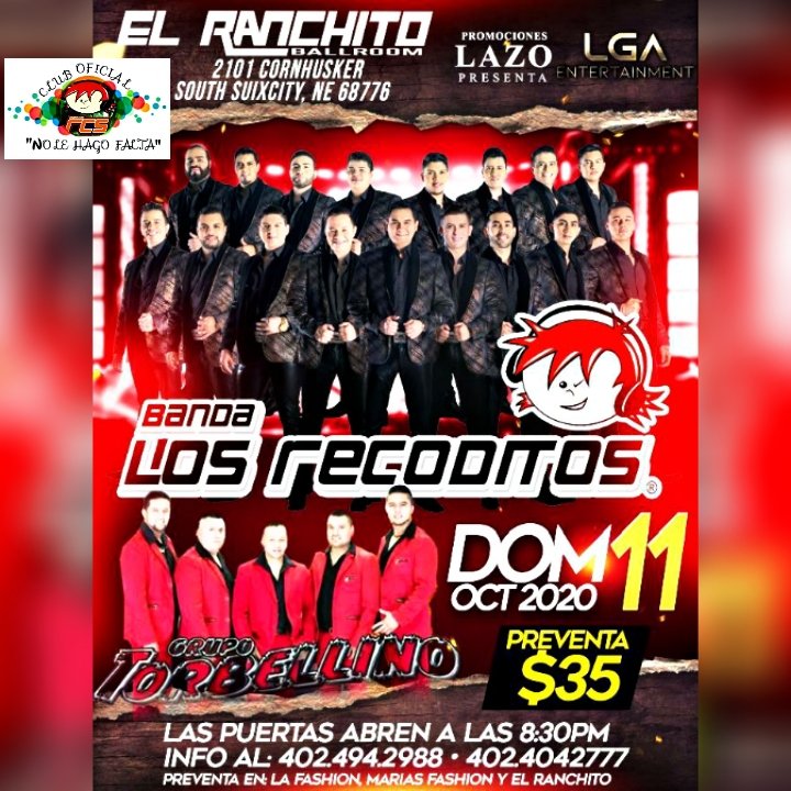 AnnyLpez14's tweet photo. 🟡ESTE DOMINGO 1️⃣1️⃣ DE OCTUBRE 2020🟡

Llega la banda #LosRECODITOS a 👉🏻SOUTH SUIXCITY, NE👈🏻 ¡NO TE LO PUEDES PERDER! 
@NoLeHagoFaltaO1
@BANDARECODITOSS
@RecoditosPROMO https://t.co/IYF2B3eT9q